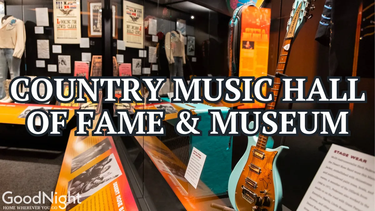 This interior image shows engaging exhibits from the Country Music Hall of Fame, including stage wear, guitar displays, and informational plaques. The scene is vibrant and interactive, illustrating the hands-on museum experience highlighted in the section.