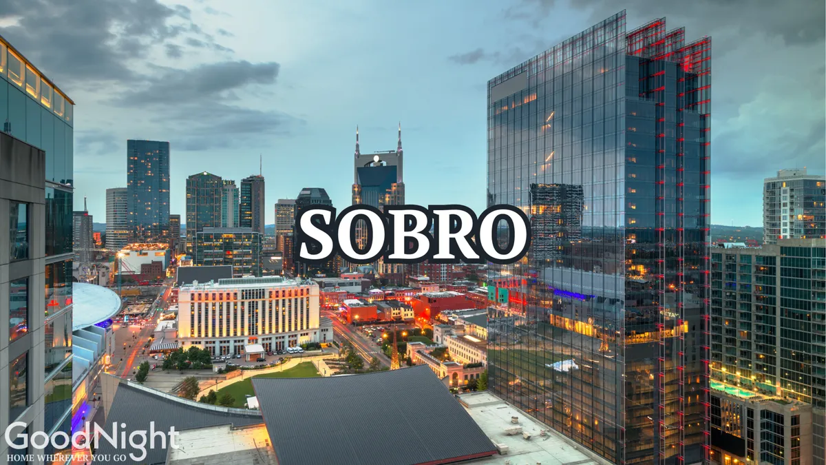 A striking view of Nashville's illuminated skyline at dusk, with prominent buildings and neon lights creating a dynamic urban scene. The vantage point reflects the dramatic cityscape one might experience from a rooftop perch, capturing the essence of Nashville at night.