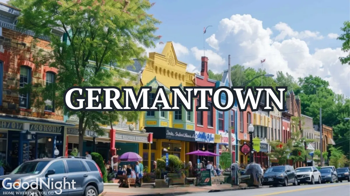 A vibrant downtown street scene with colorful storefronts, people enjoying the lively atmosphere, and green trees enhancing the inviting mood. The image conjures a sense of exploration and connection to local culture, ideal for teams looking to experience the neighborhood's offerings after meetings.